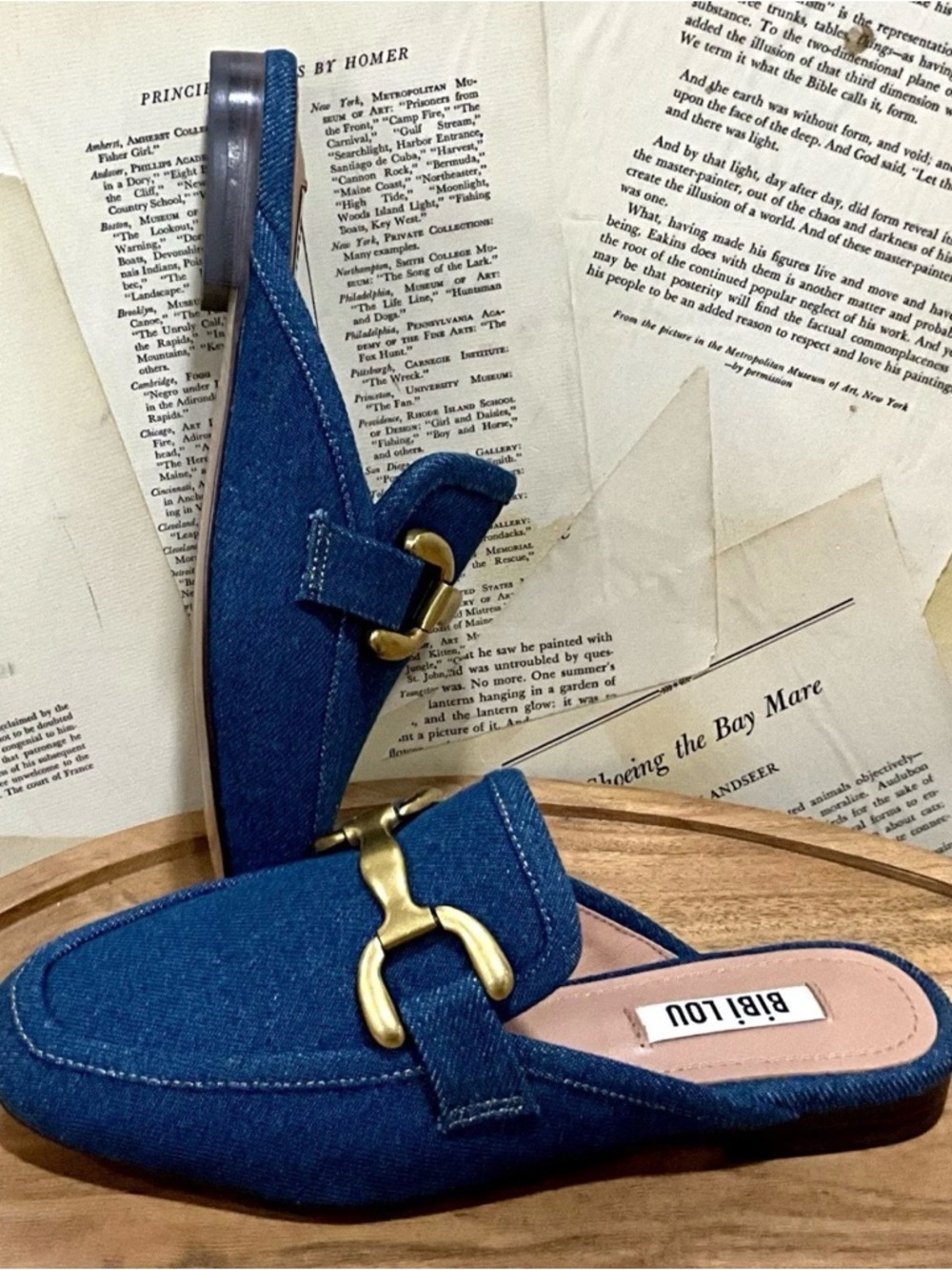 Anthropologie Bibi Lou Zagreb Slip On Loafers Denim Gold Trim - Picture 4 of 9
